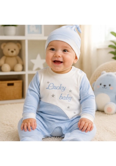 Candar Lucky Baby Nakışlı Çizgili Şapkalı Erkek Bebek Tulumu 0-3 / 3-6 Ay Mavi