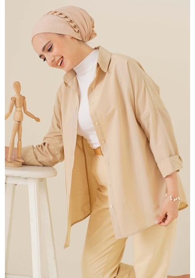 Bigdart 103901 Oversize Basic Tesettür Gömlek - Krem 001
