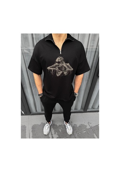 Erkek Yarım Fermuarlı Baskılı Oversize T-shirt - Siyah