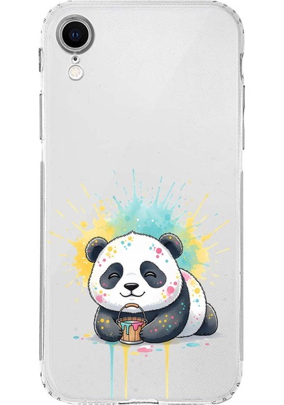 Apple Uyumlu iPhone Xr İle  Splash Panda Tasarımlı Kamera Korumalı Şeffaf Silikon Kılıf 051i
