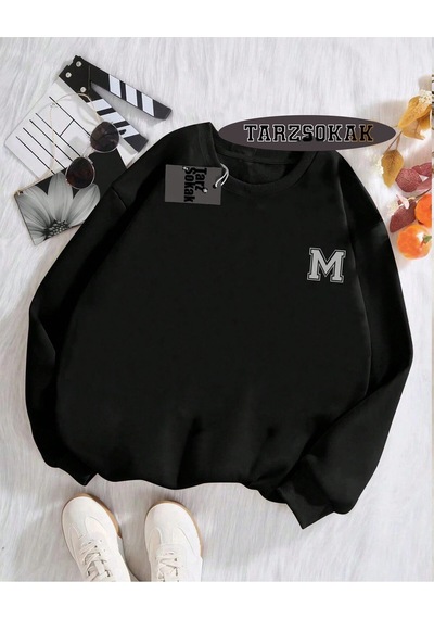 Startmore Biskilet Yaka Sweatshirt Siyah M Harfi İsme Özel Tasarım Siyah