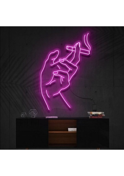 El Ve Sigara Figürlü Dekoratif Neon Tabela Pembe