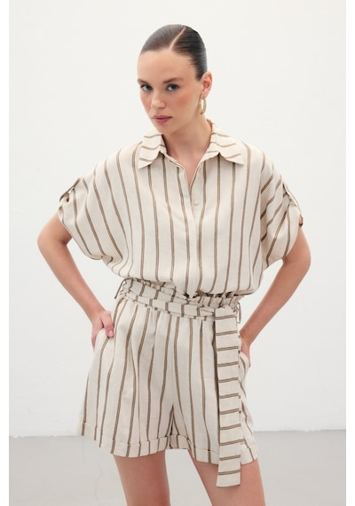 Sateen Kısa Kollu Keten Karışımlı Gömlek - Camel-136368 CAMEL