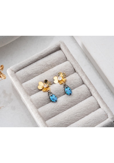 Papatya Silver 925 Ayar Gümüş Gold Renk Yonca Küpe Uğur Böceği Sallantılı Gold