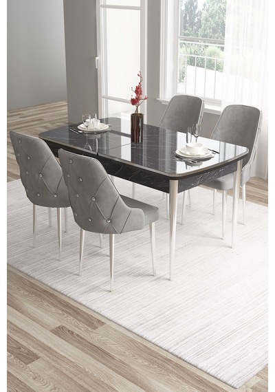 Canisa Tia Serisi, Siyah Mermer Desen 80x132 Açılabilir Mdf Yemek Odası Takımı 4 Gri Sandalye Gümüş Detay Masa Siyah Mermer Desen Sandalye Gri Canisa Tia Serisi, Siyah Mermer Desen 80x132 Açılabilir Mdf Yemek Odası Takımı 4 Gri Sandalye Gümüş Detay Masa Siyah Mermer Desen Sandalye Gri