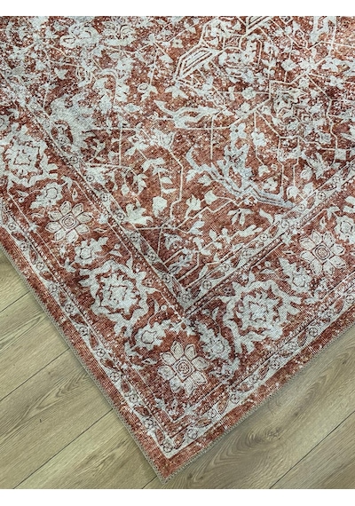 Çam Halı Anatolia 32-053 Etnik Eskitme Desenli Dokuma Tabanlı Yıkanabilir Şönil Salon Ve Oda Halısı Kiremit - Krem