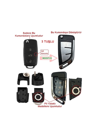 Vw Golf Polo Jetta Bora Passat Transporter 3 Tuşlu Dönüşüm Çevirici Anahtar Kumanda Kabı Oto Anahtar