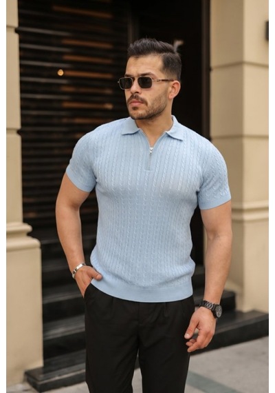 Efnaz Style Erkek Örgü Desen Fermuar Yakalı Triko Tişört Bebe Mavisi