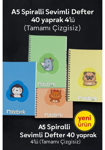 A5 Spiralli Sevimli Defter 40 Yaprak 4'lü Tamamı Çizgisiz