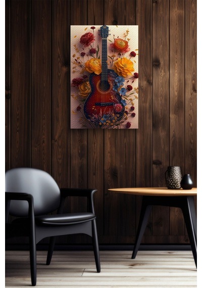 Etrafı Çiçek Kaplı Gitar Yağlı Kanvas Tablo