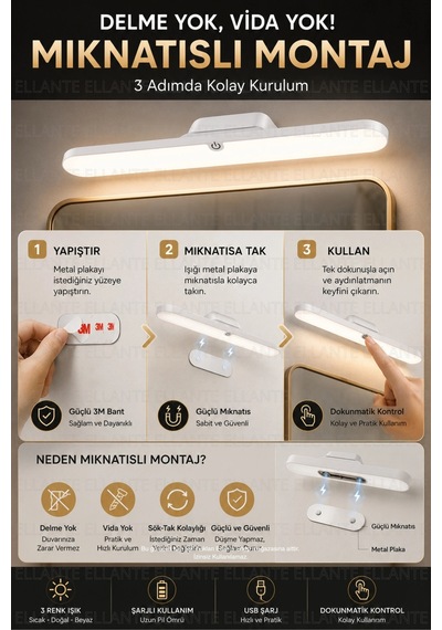 Şarjlı Mıknatıslı Led Ayna Işığı 30 Cm 3 Renk Işık Modu, Dokunmatik Kontrol, Usb Type-c Şarjlı Ban