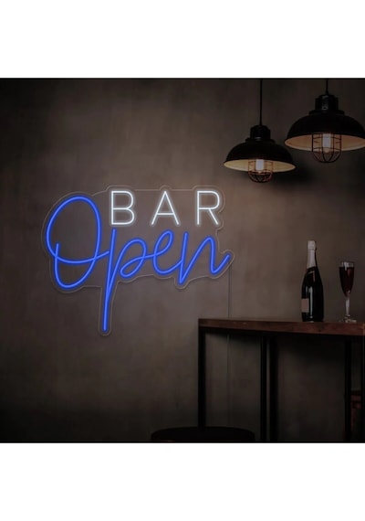 Open Bar Yazılı Neon Tabela Mavi