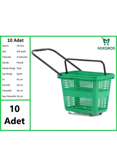 Tekerlekli Plastik Market Alışveriş El Sepeti 54 Litre Yeşil 10 Adet