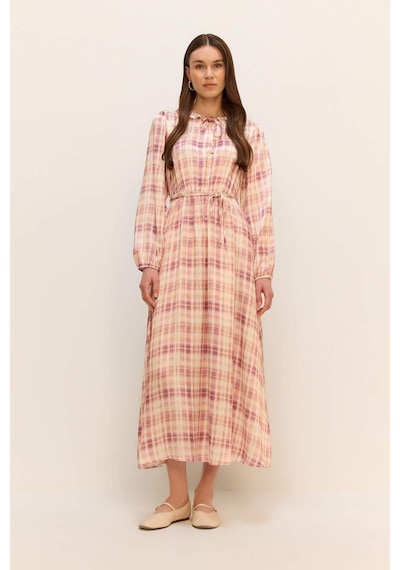 DeFacto Regular Fit Gömlek Yaka Desenli Saten Uzun Kollu Maxi Elbise F2725AX25SMPN441