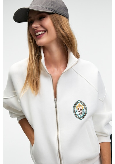 Grimelange TORMENTA Kadın Nakışlı Fermuarlı Dik Yaka Çift Cepli Reglan Kol Beyaz Sweatshirt