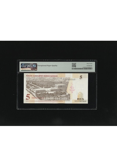 Beş Yeni Türk Lirası 5 Ytl P217 2005 Pmg 67 Epq Superb Gem Unc S/n G05 703317 8.ems 1.t