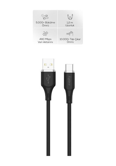 Usb-a To Type-c Hızlı Şarj Kablosu 15w Qc 3.0, 480mbps, 1.2m, Data Kablosu Siyah-v0203003