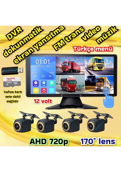 Dokunmatik 10.36'' Video Müzik Dvr Ekran 4 Adet Ahd 720p 170 Derece Kamera 12 V