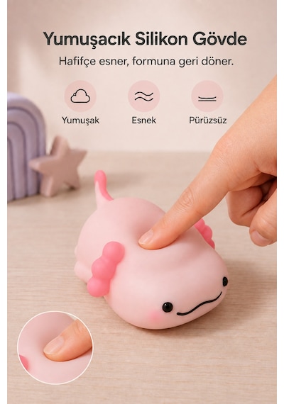 Axopo - Aksolotl Figürlü Şarjlı Silikon Gece Lambası 3 Kademe Dokunmatik Usb-c Pembe Pembe