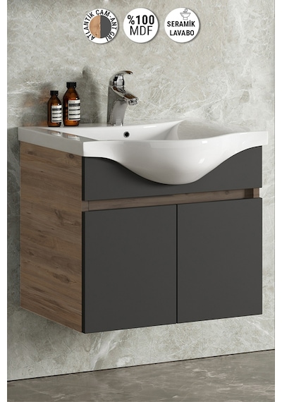 65 Cm Atlantik Çam-Antrasit Gri Mat Mdf Lavabolu Banyo Alt Dolabı Antrasit - Atlantik Çam