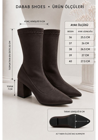 Dabab Shoes Rachel Kadın Acı Kahve Sivri Burun Dalgıç Streç 7 Cm Kalın Topuklu Çorap Bot Bootie Kahverengi