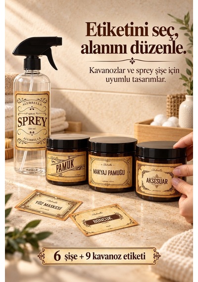 Alubrella 500 Ml 2 Amber Pompalı Şişe, 2 Kapaklı Kavanoz Ve Şeffaf Sprey Şişe Etiketli Set