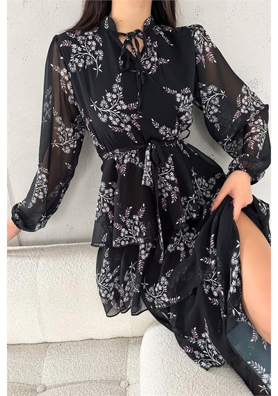 Neşeli Butik Kadın Astarlı Eteği Kat Kat Desenli Şifon Elbise Nbkklf2036 Siyah
