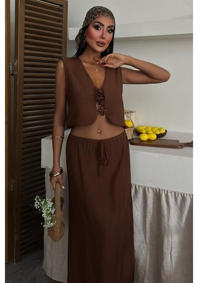 Moderie Butik Yelek Önden Bağlamalı Uzun Etekli Takım 10192 Kahverengi