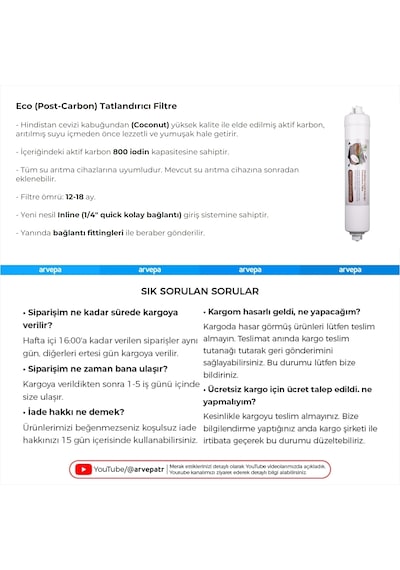 Su Arıtma Cihazı Coconut Eco Post Carbon Tatlandırıcı Filtre
