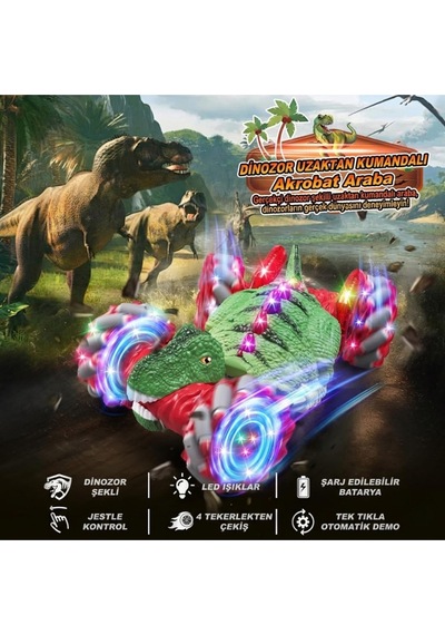 Uzaktan Kumandalı Dinozor Araba Jest Sensörlü Işıklı Müzikli 4x4 Akrobasi Arabası Şarjlı Oyuncak Yeşil Kırmızı