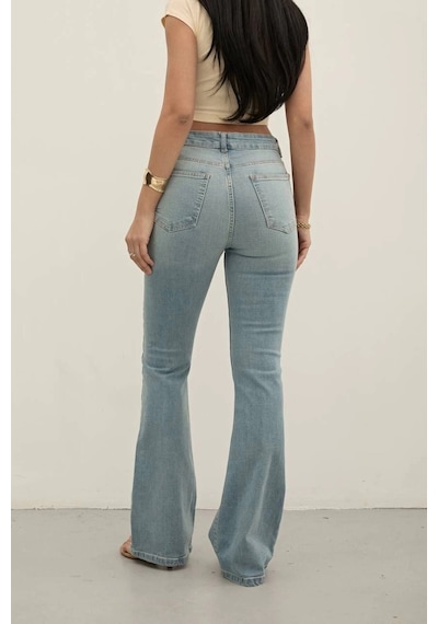 Light Blue Premium Yüksek Bel Bronz Düğmeli İspanyol Paça Jeans Light Blue