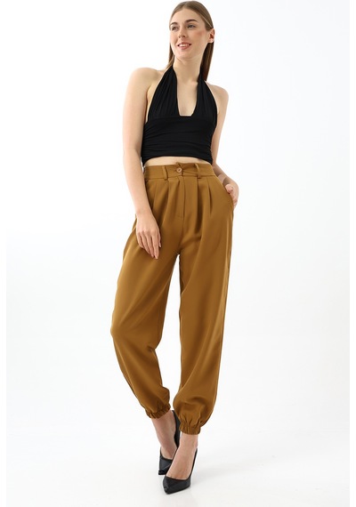 Winmoda34 Kadın Maskülen Paçası Lastikli Jogger Kumaş Pantolon Hardal