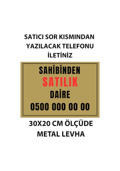 Sahibinden Satılık Levha Altın Metal 20x30 Cm Kişiye Özel Telefon Numaralı