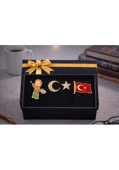Öğretmen Temalı Broş Seti Kitaplı Kadın, Ay Yıldız Ve Bayrak Rozet Seti Anlamlı Hediye Kutusu Renkli