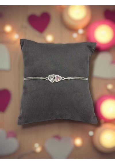 925 Ayar Gümüş Pembe Beyaz Taşlı Çift Kalp Bileklik Romantik Hediye Seçeneği Gümüş