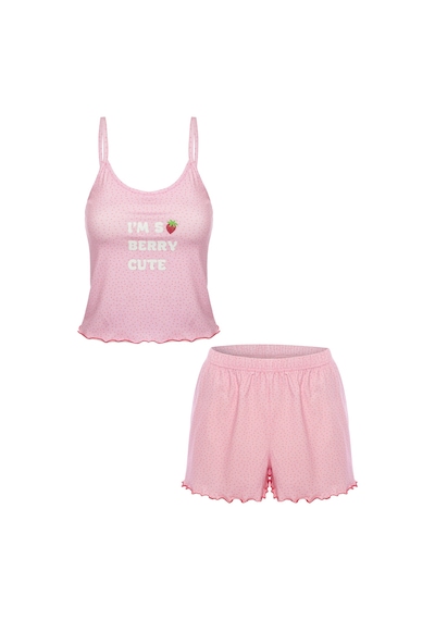 Koza İç Giyim Kadın İnce Askılı Desenli Pamuklu Şortlu Pijama Takımı Kk30231 Pembe