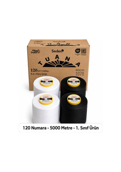Tuana Polyester Dikiş İpliği 120 Numara 5000 Metre 4'lü Bobin 2 Beyaz 2 Siyah Makine İpi Dikiş İpi