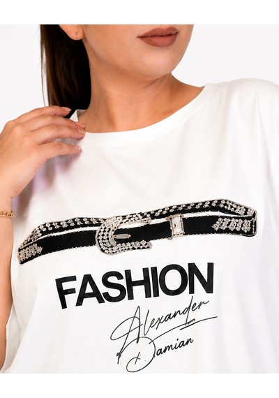 Büyük Beden Fashion Yazı Baskılı Taş Kemer Detaylı Kısa Kollu Kadın Bluz Ekru