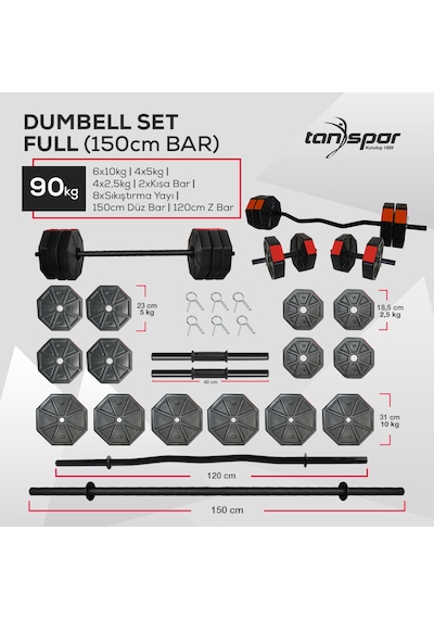Tanspor 90 Kg Dambıl Halter Full Kısa Bar + Düz Bar (150 cm) + Z Bar (120 cm) Set Mavi Kapaklı