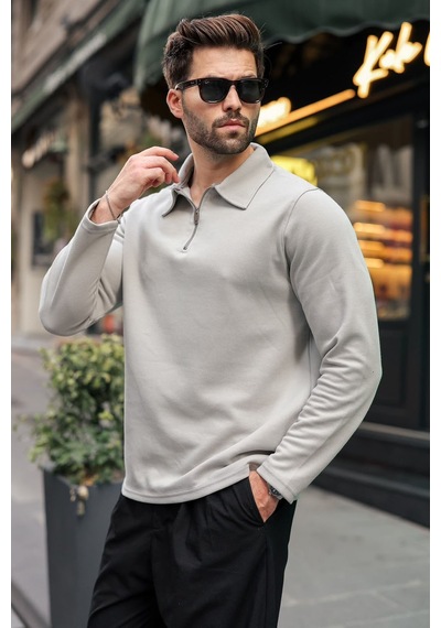 Madmext Boyalı Gri Yarım Fermuarlı Polo Yaka Dokulu Erkek Sweatshırt E7197