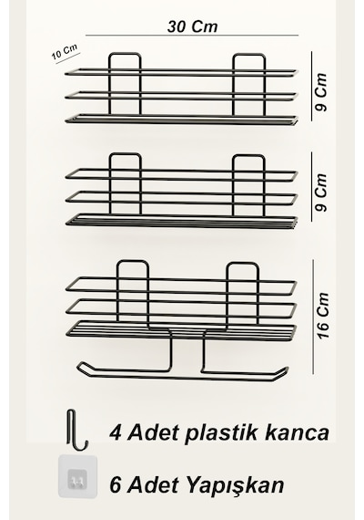 Yapışkanlı Yedekli 3'lü Set Tuvalet Kağıtlığı Wc Tuvalet Kağıdı Askısı Ve Tutucu Siyah Metal