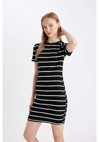 DeFacto Coool Bodycon Vücudu Saran Bisiklet Yaka Çizgili Fitilli Kaşkorse Kısa Kollu Mini Elbise D5987AXNSBK81