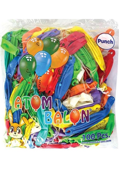 100 Lü Paket Lastikli İpli Punch Balon. Renkli Balon