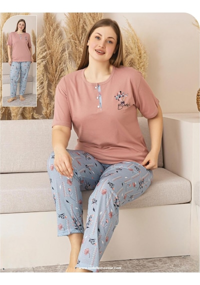 Sude Kadın Büyük Beden Düğme Yaka Penye Kısa Kol İnce Pijama Takımı P127 - 1 Adet Pudra