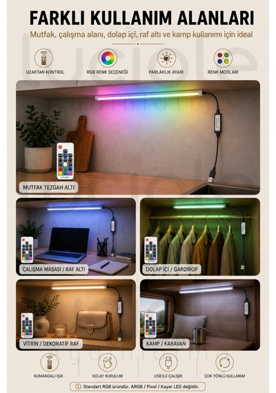 50 Cm Rgb Led Bar Rf Kumandalı Usb Renk Değiştiren Yapışkanlı Gaming Masa Dolap Raf Aydınlatma