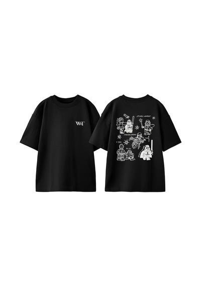 Thewert Hayalet Çizimler Tasarım Sırt Baskılı Pamuk Siyah Oversize T-shirt