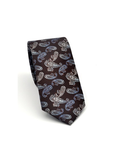 Gaffy Mavi Şal Desenli Kahverengi Dokuma Kumaş Mendilli Slim Fit Kravat // Sdk-2507-5 Kahverengi