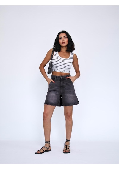 Füme Denim Mini Şort Siyah