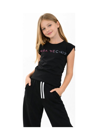 İrem Çocuk Giyim Kız Çocuk Yazı Desenli Sıfır Kol Model Beli Lastikli Siyah Renk Tişört Siyah İrem Çocuk Giyim Kız Çocuk Yazı Desenli Sıfır Kol Model Beli Lastikli Siyah Renk Tişört Siyah