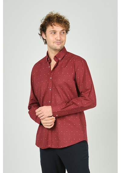 De Leone Erkek Slim Fit Desenli Uzun Kollu %100 Pamuk Gömlek 2045 Kırmızı Kırmızı